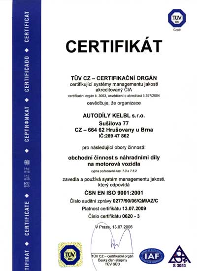 kopie certifikátu kvality obchodní činnosti firmy AUTODÍLY KELBL